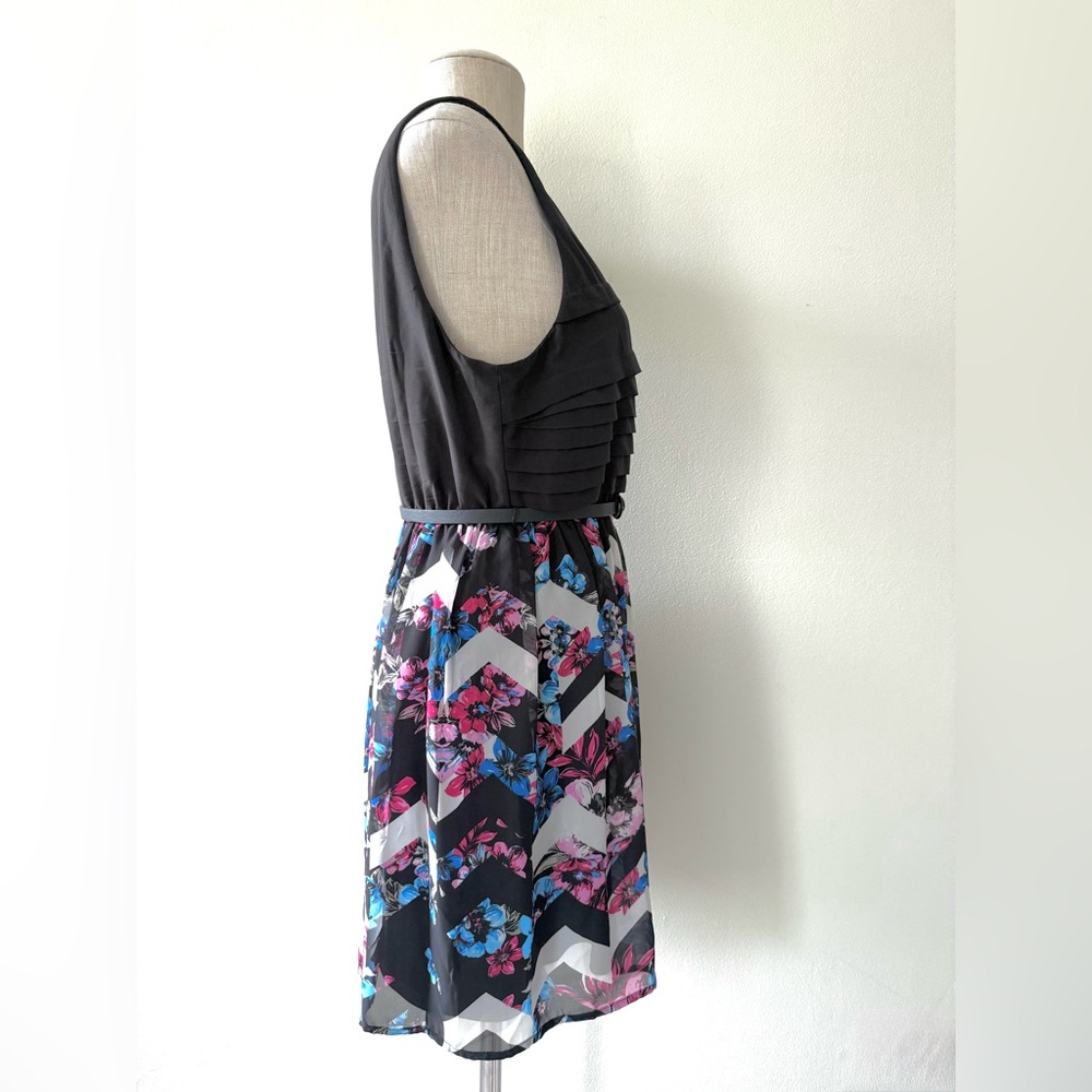 Lily Rose Black and Multicolor Chevron Floral Chiffon Fit and Flare Dress - Picture 7 of 13